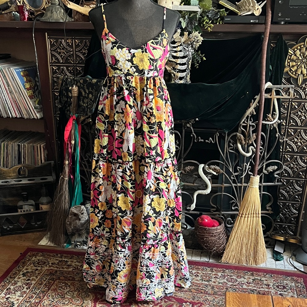 70s style pink yellow orange black floral strappy empire waist tiered maxi dress
